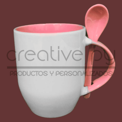Taza Blanca c/ Cucharita Alza Rosa